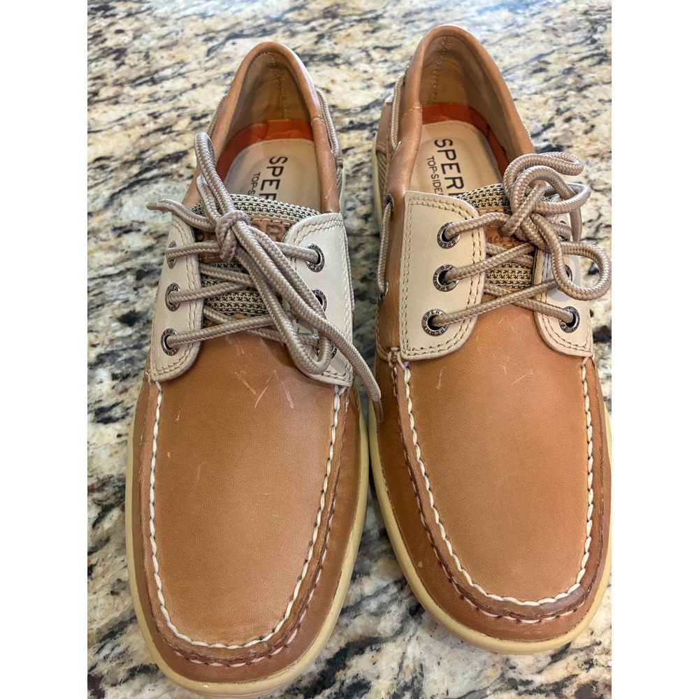 Sperry Boat Shoes Women 8 Tan Leather Mesh 2-Eye Loafers New Nautical Classic